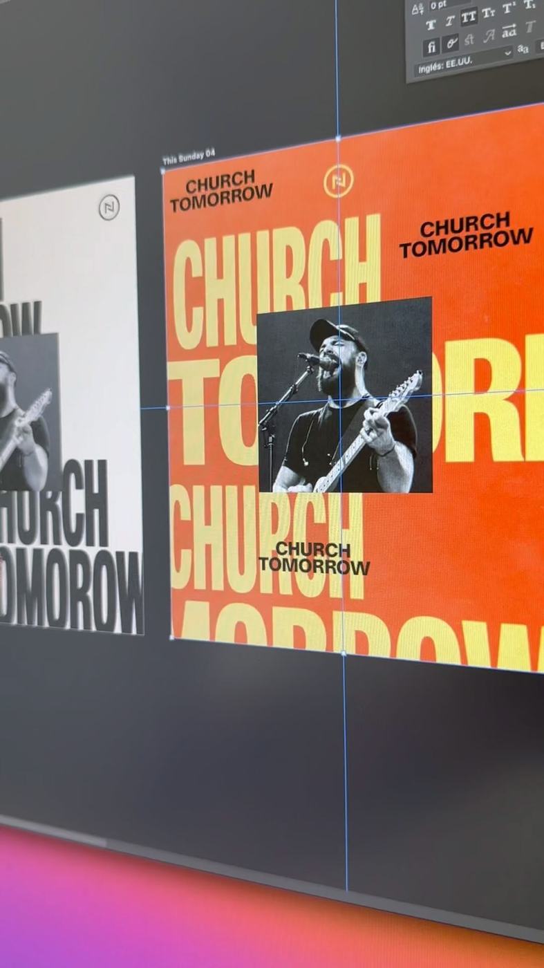 Orange social graphic with repeating display type and a halftone photo