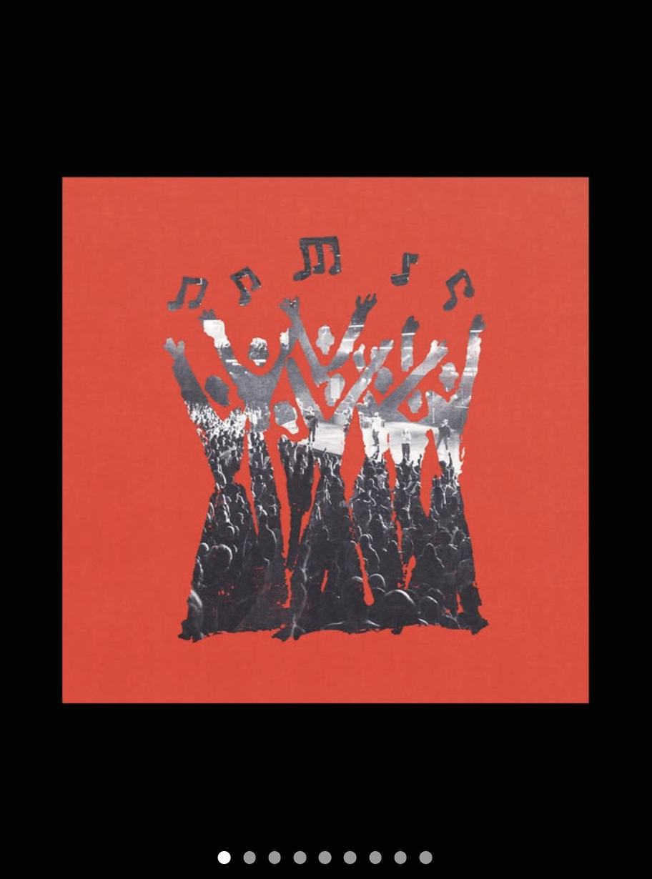 Red square graphic with a cut-out halftone crowd raising hands