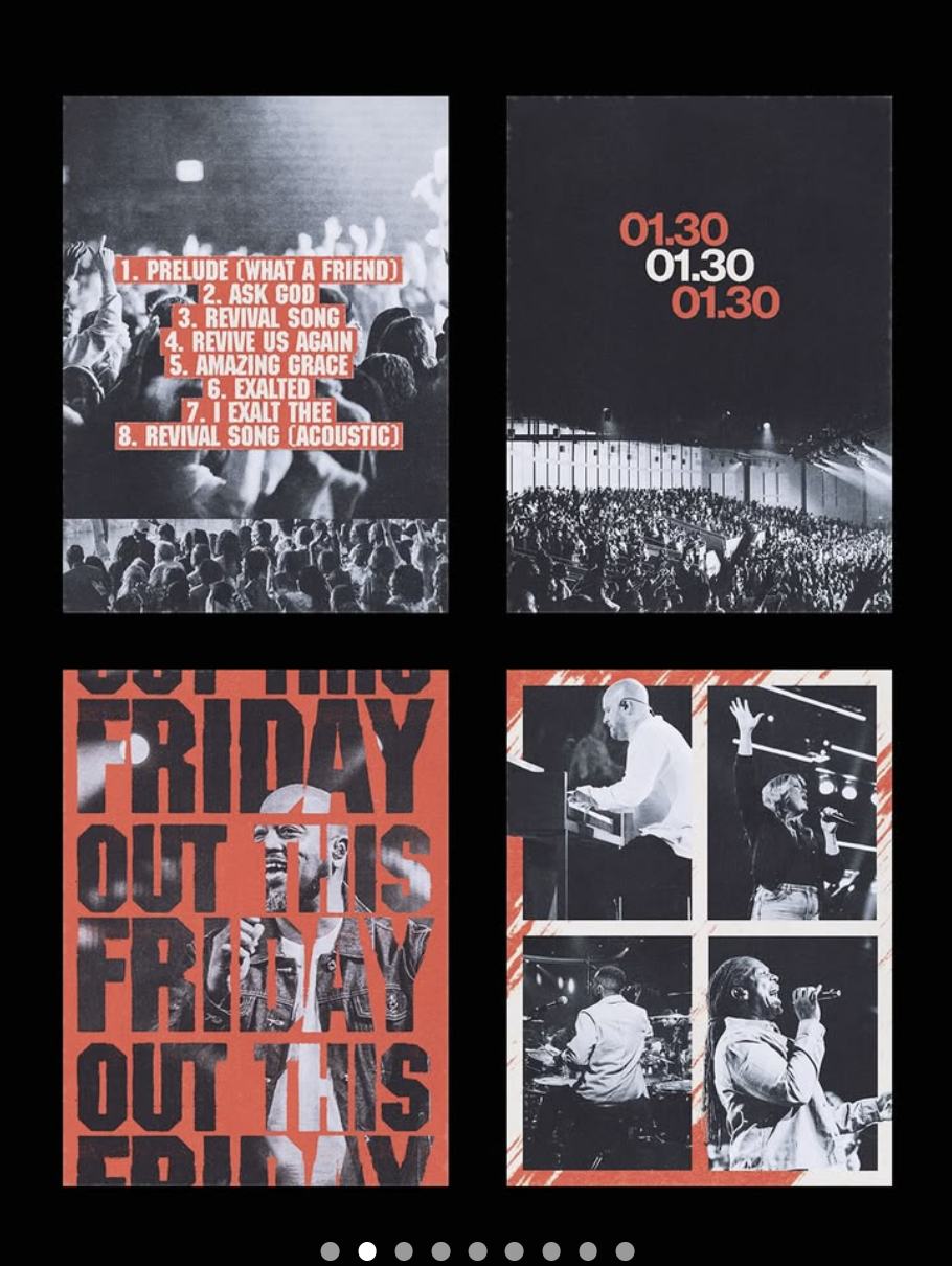 Four red and black posters including a repeating OUT THIS FRIDAY layout