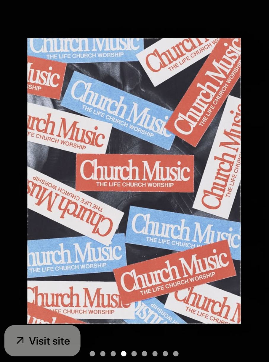 Scattered red, blue and white stickers repeating a wordmark
