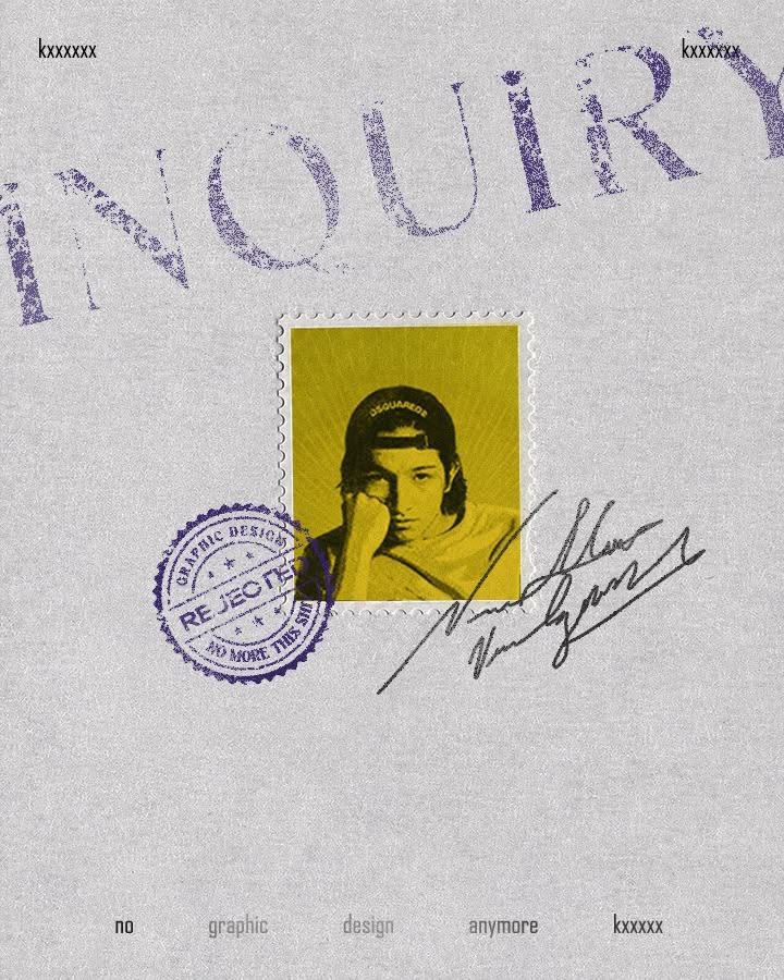 Paper layout with a stamp, a circular rejection seal and a signature