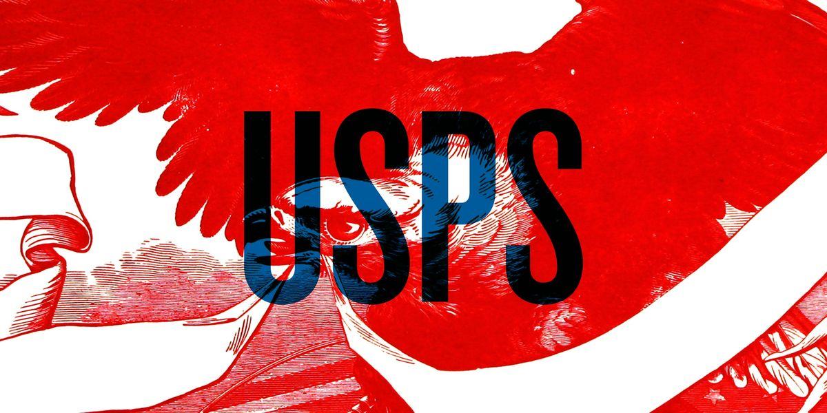 Red engraved eagle with blue and black overlapping type