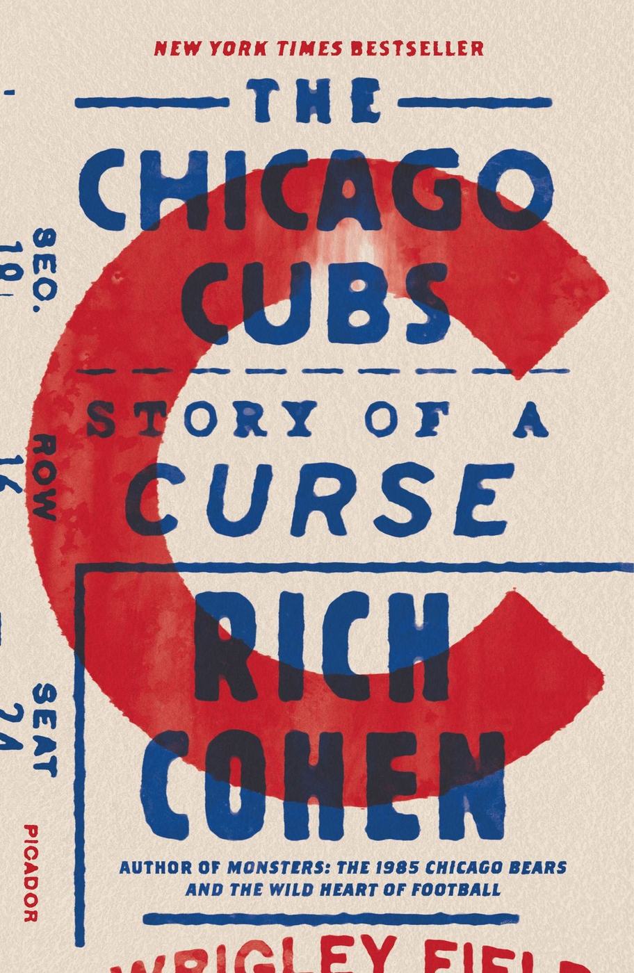 Book cover with blue brush lettering and a red mark on bone paper