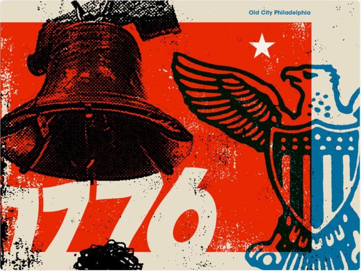 Red, black and blue halftone poster with heavy numerals and an eagle