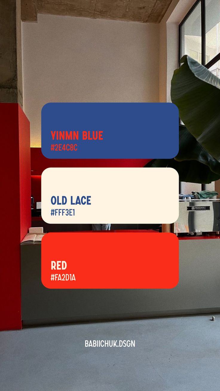 Palette card showing YInMn Blue, Old Lace and Red swatches