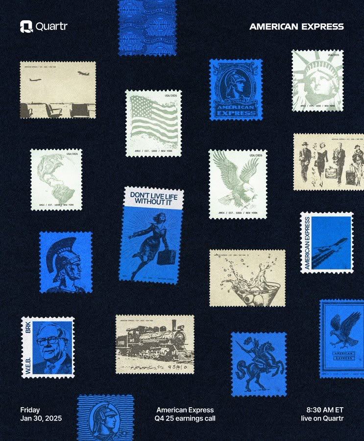 Grid of blue and cream postage stamps on a navy ground